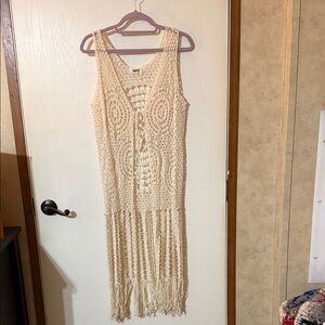 Boho Crochet Fringe Maxi Cover-Up Dress - Cream